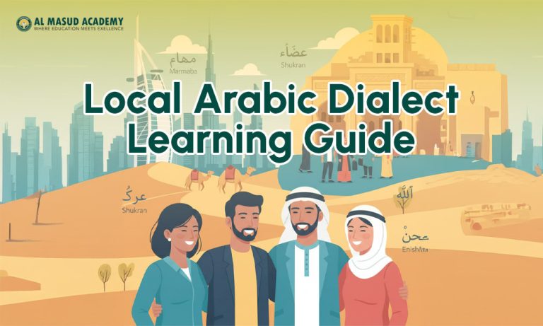 Illustration of people learning local Arabic dialects with cultural landmarks, greetings, and everyday Arabic words in the background