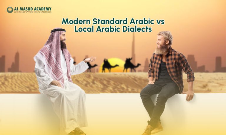 Modern Standard Arabic vs local Arabic dialects concept with a Gulf Arab speaker and a learner talking in a desert city backdrop