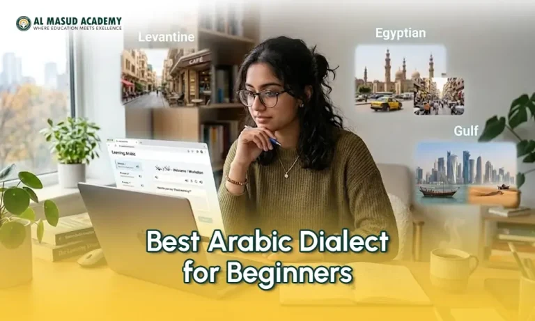Best Arabic dialect for beginners featuring Levantine, Egyptian, and Gulf Arabic options with a student learning on a laptop at home