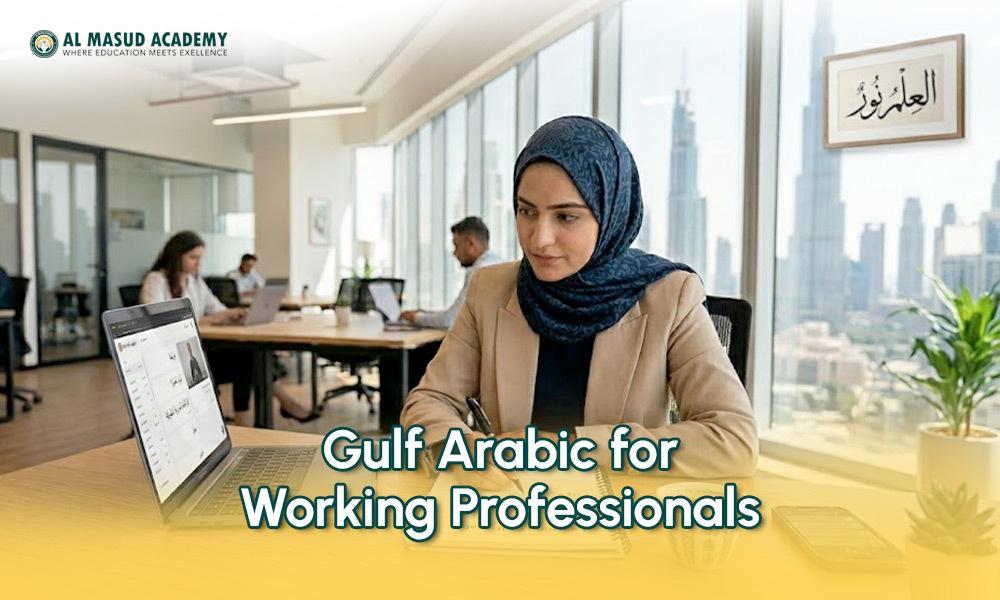 Gulf Arabic for working professionals learning Arabic phrases during online lesson in Dubai office environment