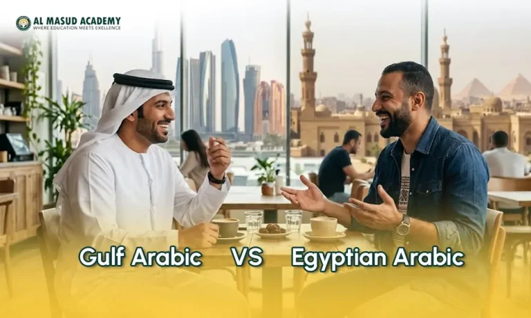 Gulf Arabic vs Egyptian Arabic comparison showing two men talking in a cafe representing dialect differences