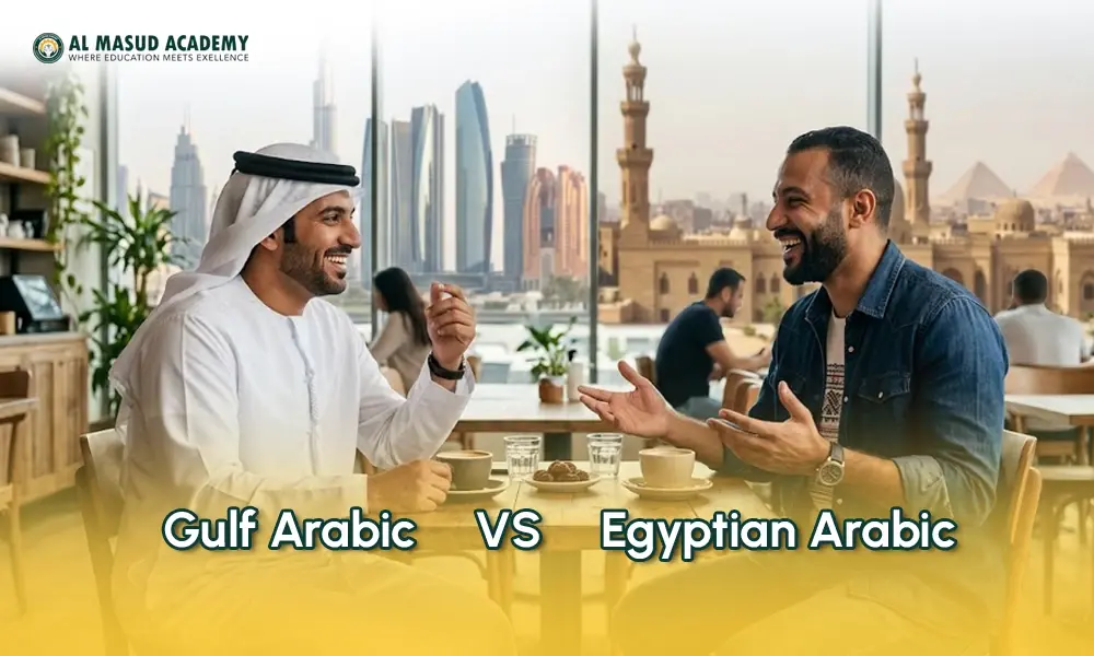 Gulf Arabic vs Egyptian Arabic comparison showing two men talking in a cafe representing dialect differences