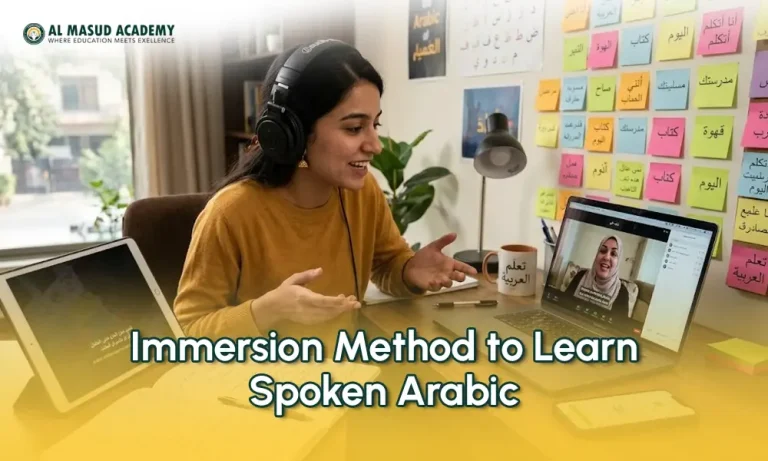 Student learning spoken Arabic online through an immersion method with a live Arabic teacher and vocabulary notes